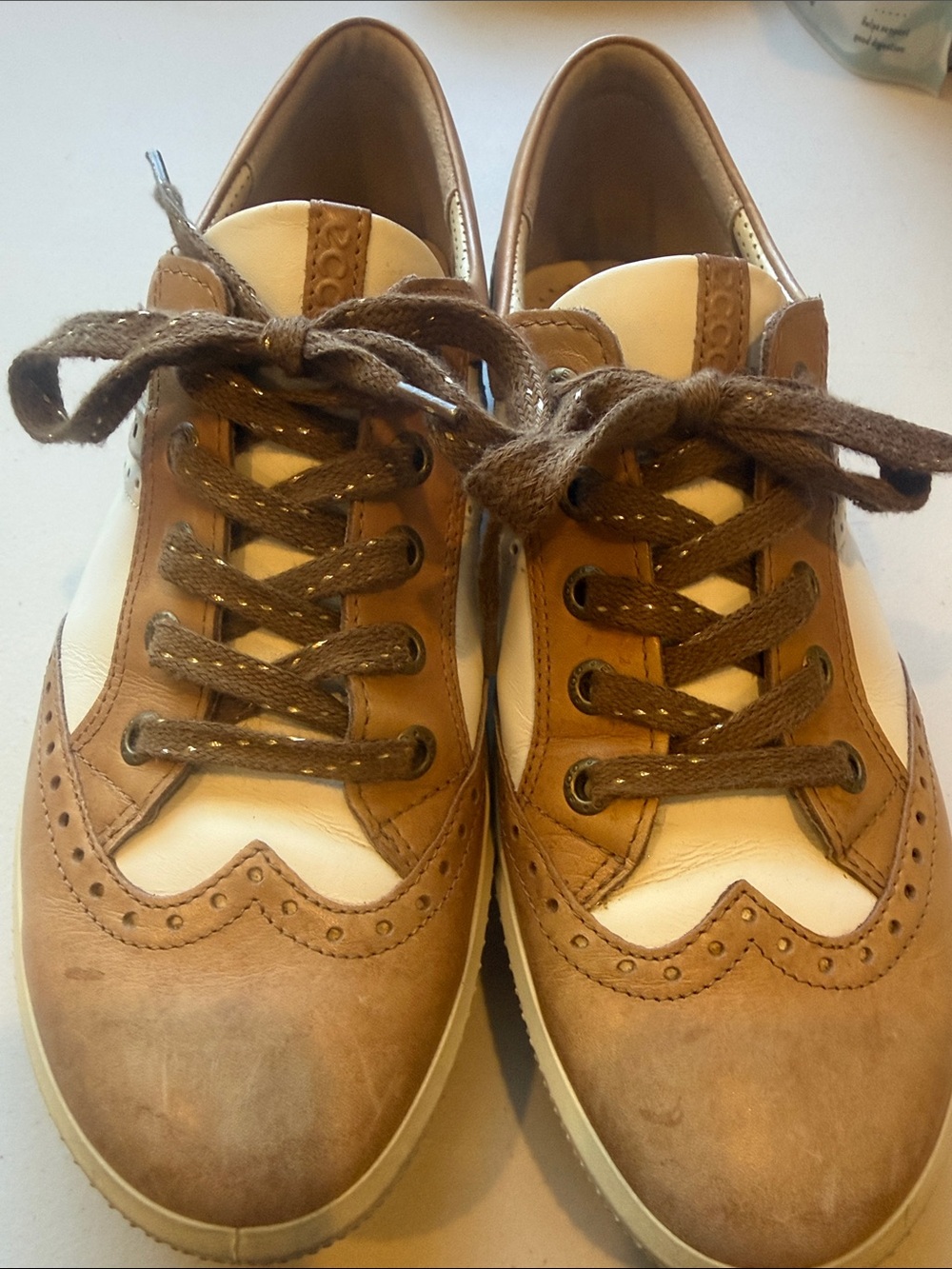Ecco Two-Tone Brown and White Wingtip Leather Loafers Golf shoes Womens 39